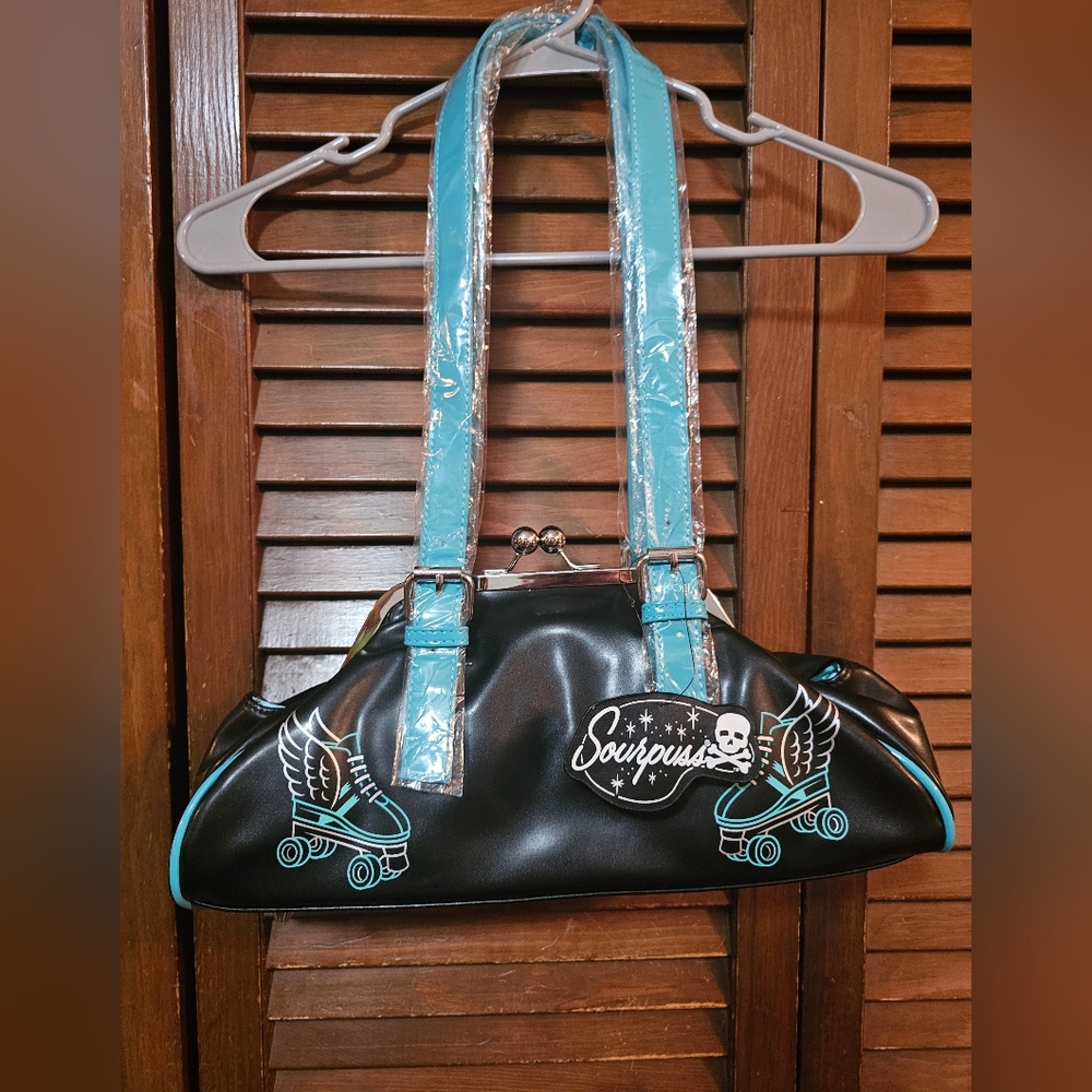 Sourpuss Black and Teal Roller Skate Shoulder Bag